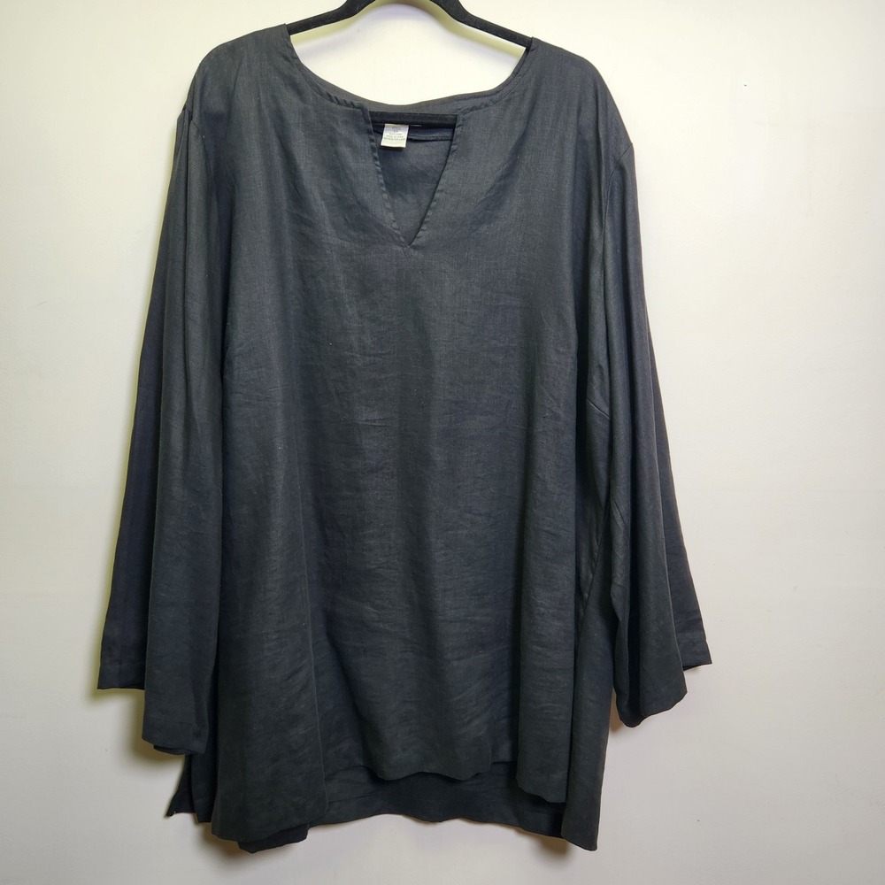 Gillian Grey 100% Linen Tunic Blouse 3X Black 3/4 Sleeves V-Neck Side Slits